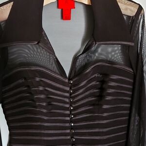 Feminine Black Sheer Button-Up Blouse